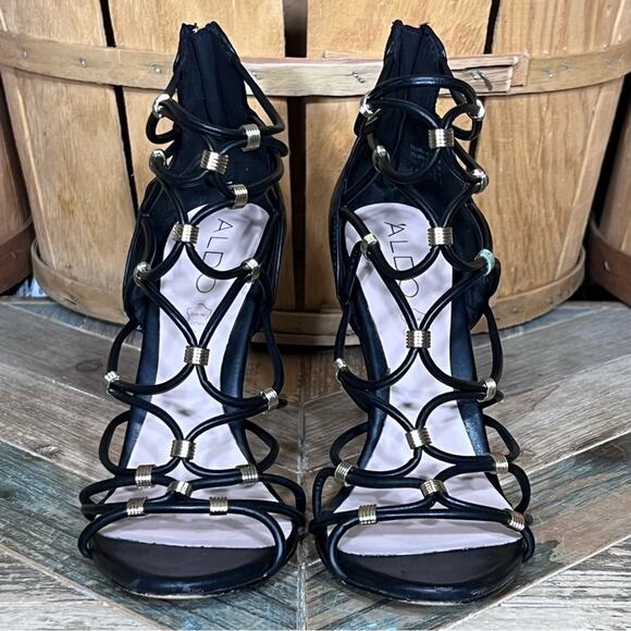 Aldo Peterbell Black Leather Gold Strappy Gladiator Open Toe Heels Womens 6.5 - Picture 5 of 14